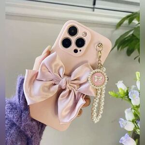 Elegant Pink Bow iPhone 16 Pro Max Case with Pearl Charm